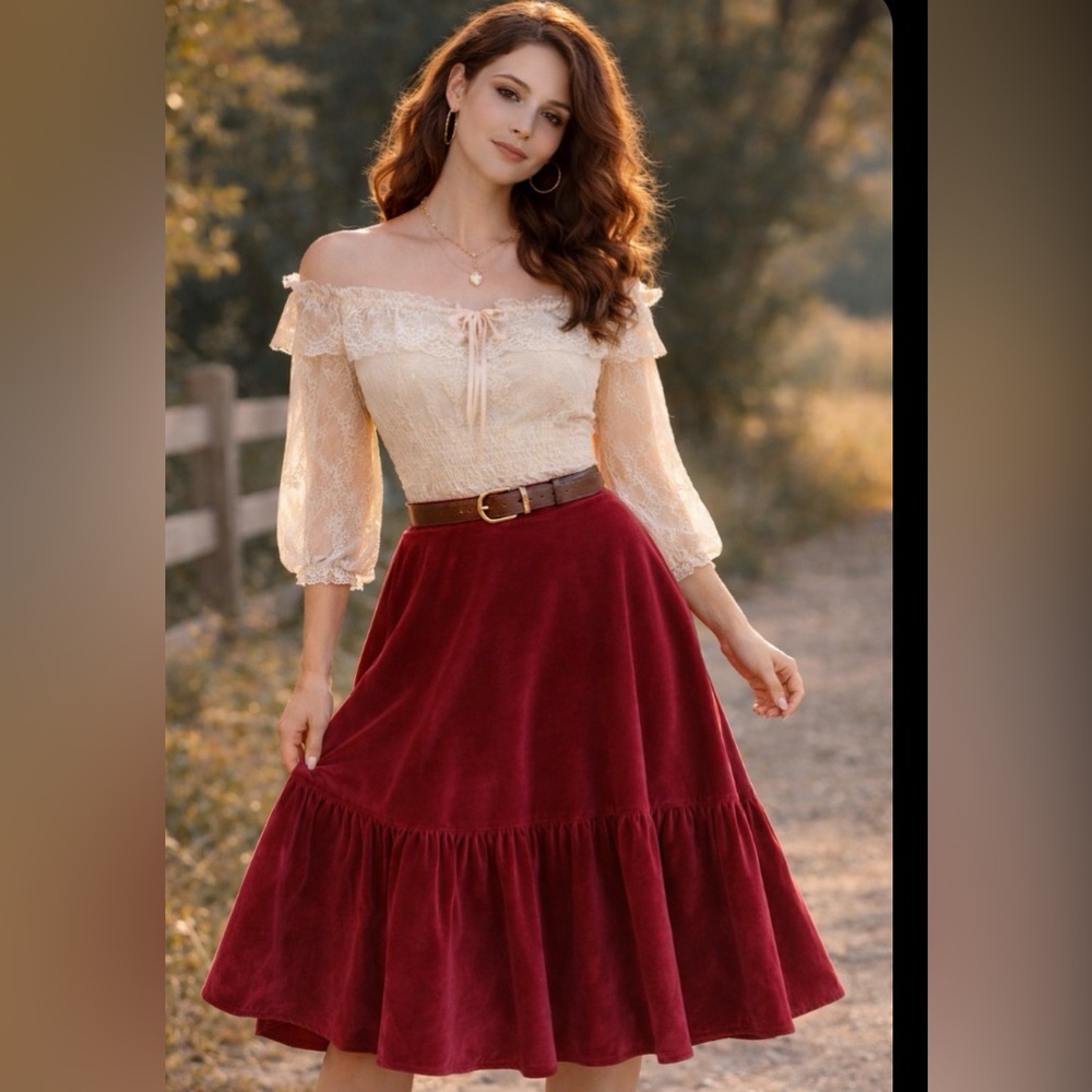 *vintage 70’s /80’s - velvet - prairie skirt red, ruffled, Gunnies style
